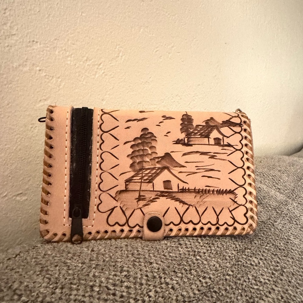 Artisan Beige Leather Wallet with Scenic Design